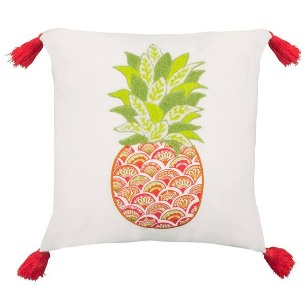 Boho Living Aloha White and Orange Floral Down 18 in. x 18 in. Throw Pillow