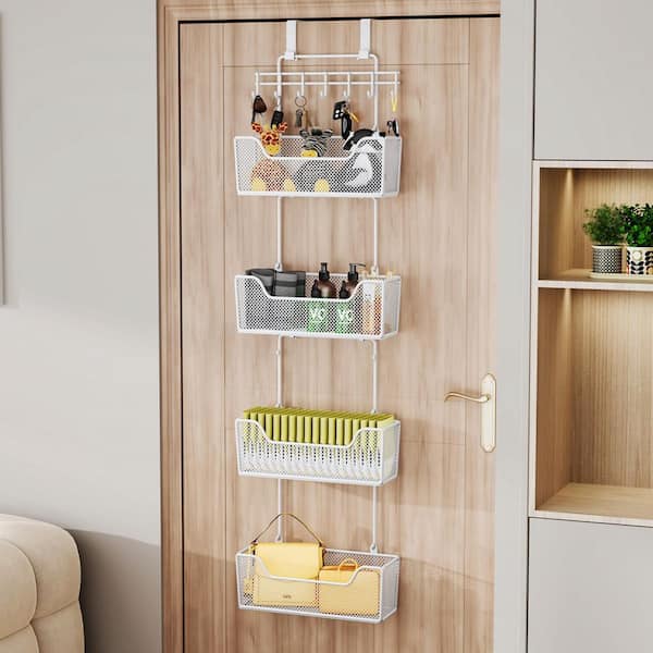 White Over The Door Organizer, Hanging Door Storage Organizer with Metal Baskets and Adjustable Coat Hooks