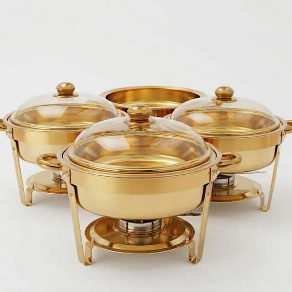 4-Pack 6 qt. Elegant Gold Stainless Steel Round Chafing Dish Buffet Set 13.4 x 12.6 in. Wedding Catering