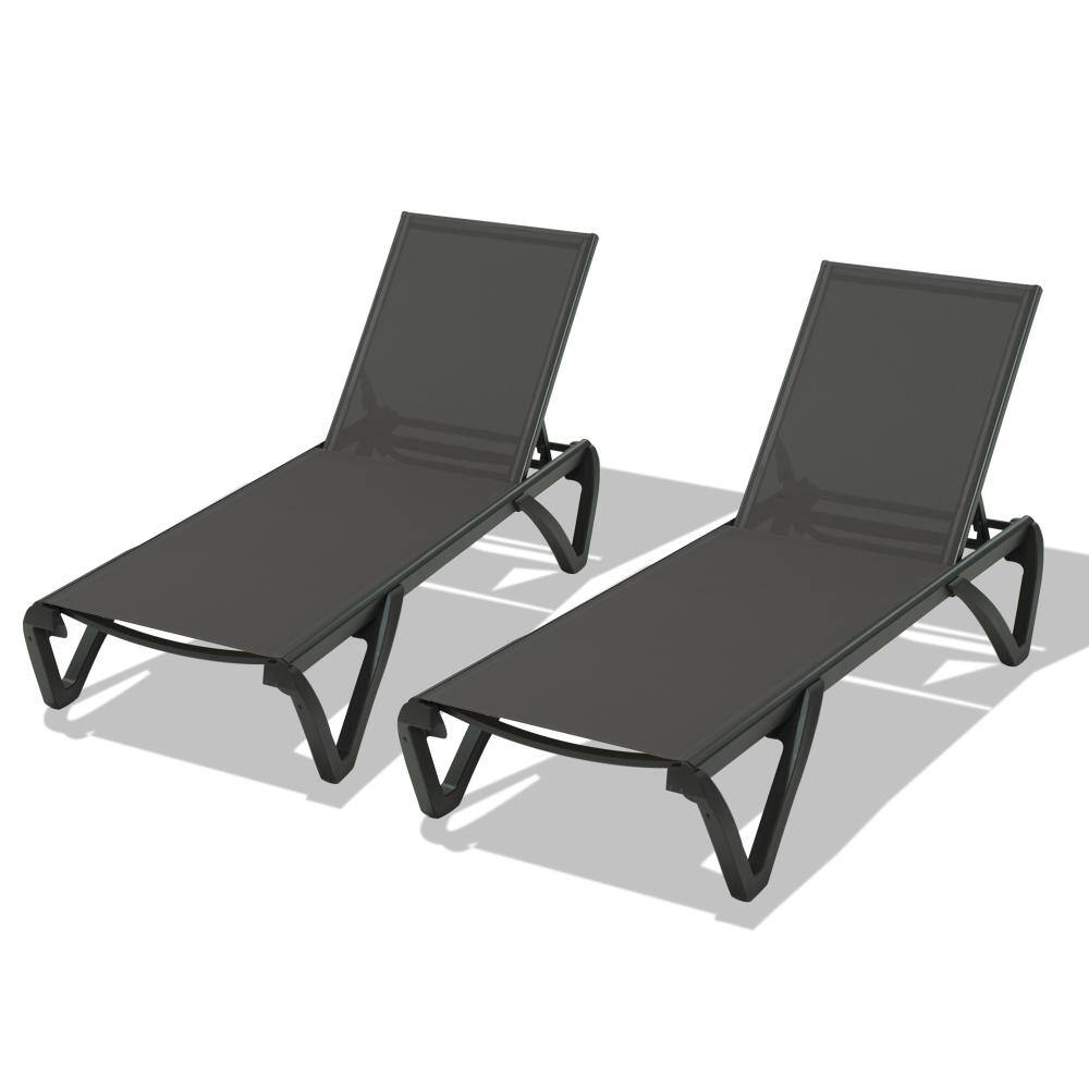 2-Pieces Patio Chaise Lounge Chair Adjustable Aluminum Reclining Chair, Dark Gray