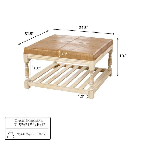 Homsee 31.5 in. Natural Wood Brown Square Leather Top Coffee Table