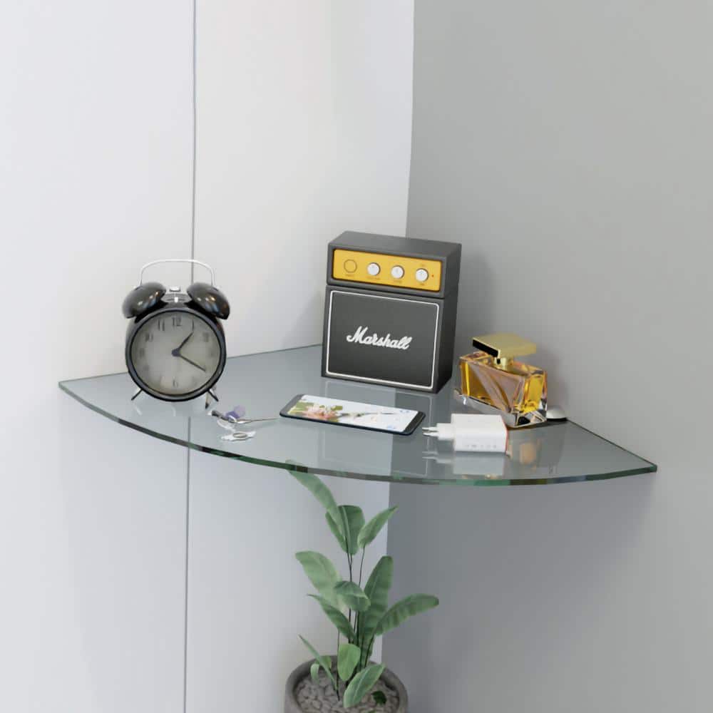 12" Clear Tempered Glass Floating Corner Shelf with Chrome Brackets