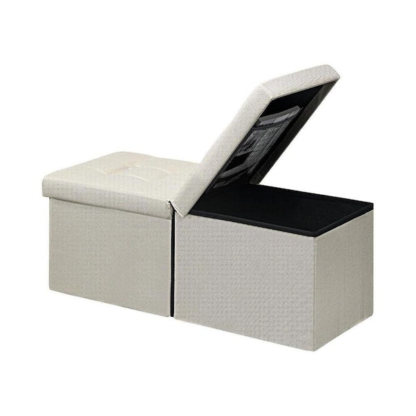 Footrest Ottoman Bench with Storage 13in W x 34in D x 13in H Beige Leather Outdoor Storage Cabinet