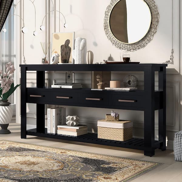 Gaius 62.20 in. Black Rectangle Wood Console Table with 4 Drawers, Open Shelves and Metal Handles