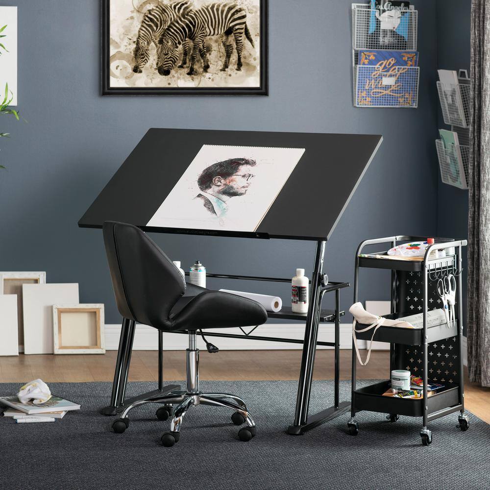 Contemporary Black Wood Adjustable Drafting Table with Storage