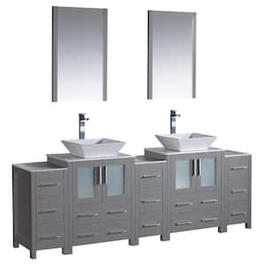 Torino 84 in. W Double Vanity in Gray with Glass Stone Vanity Top in White with White Vessel Sinks and Mirrors