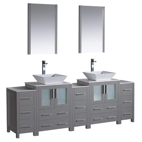 Fresca Torino 84 in. W Double Vanity in Gray with Glass Stone Vanity Top in White with White Vessel Sinks and Mirrors