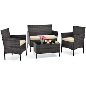 4-Piece Wicker Patio Conversation Set with Beige Cushions and Tempered Glass Coffee Table