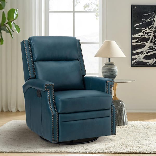 Jayden Creation Joseph Navy Genuine Leather Swivel Rocking Manual Recliner with Straight Tufted Back Cushion and Curved Mood Arms, Blue