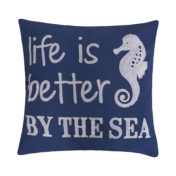 LEVTEX HOME Atlantis Navy White Life Is Better by the Sea Embroidered Coastal Sentiment 14 in. x 18 in. Throw Pillow