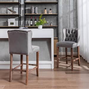 41.3 in. H Gray Counter Height Bar Stools, Upholstered Dining Chairs with Tufted back, Nailhead, Wood Legs (Set of 2)