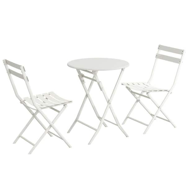 3-Piece Metal Round Outdoor Bistro Set, Folding Patio Table and 2 Chairs for Balcony, Garden, Living Room in White
