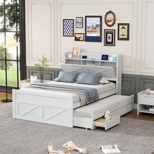 Tower White Wood Frame Full Size Platform Bed with Storage Headboard, Charging Station, 3 Drawers, Trundle