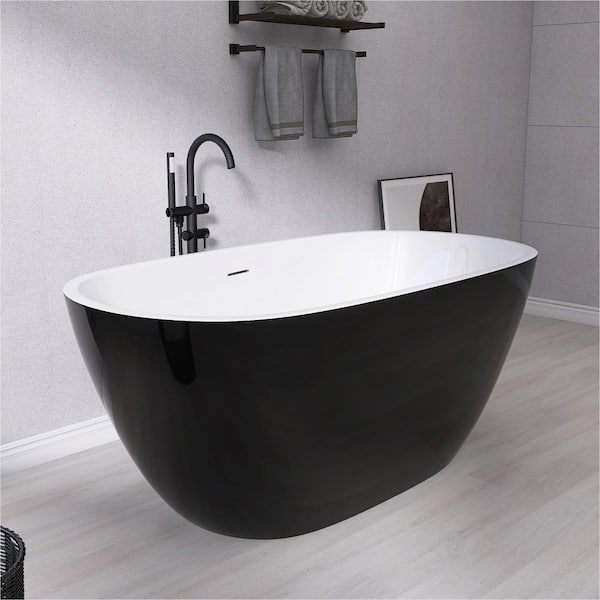 55 in. x 29.5 in. Acrylic Free Standing Soaking Flat Bottom Bath Tub Freestanding Bathtub with Center Drain in Black