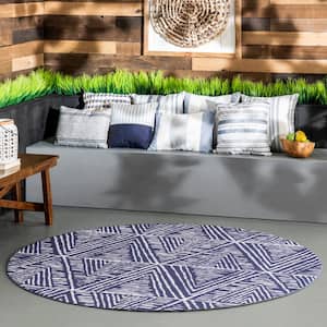 Nelle Tribal Machine Washable Blue 6 ft. x ft. Indoor/Outdoor Round Rug