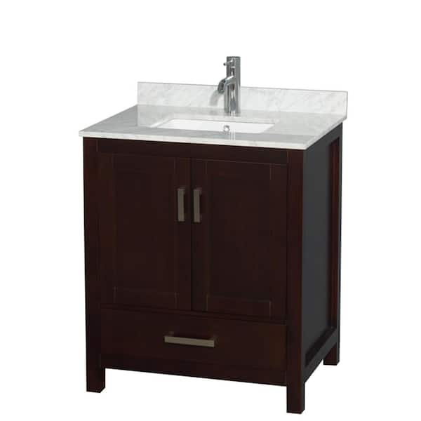 Wyndham Collection Sheffield 30 in. W x 22 in. D Vanity in Espresso with Marble Vanity Top in Carrara White with White Basin
