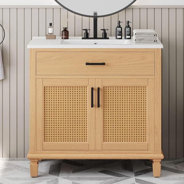 36 in. Freestanding Natural Bath Vanity with White Ceramic Top, Soft Close Doors and Drawers, Solid Wood Legs