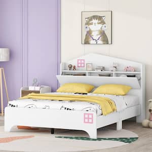 White Full Size Wood House Bed with Storage Headboard, Platform Bed with Storage Shelf
