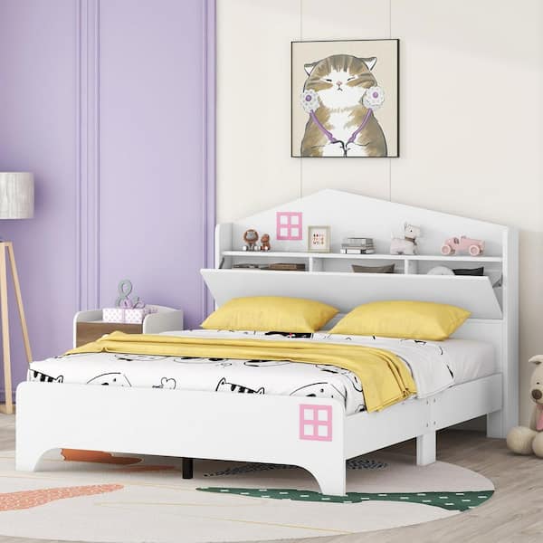 Harper & Bright Designs White Full Size Wood House Bed with Storage Headboard, Platform Bed with Storage Shelf