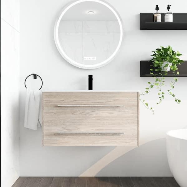 Unbranded 37 in. W x 18 in. D x 20 in. H Wall Mounted Bath Vanity in White Oak with White Cultured Marble Top