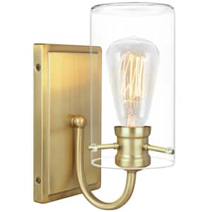 1-Light Antique Brass Vanity Light with Clear Glass Shade