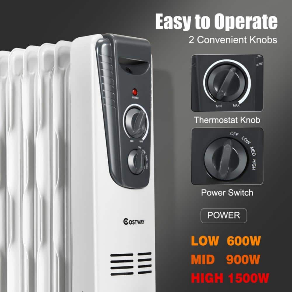 White 1500W Oil-Filled Radiator Heater with Thermostat and Auto Shut-off