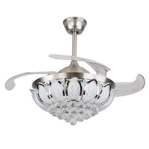 42 in. 3-Color Integrated LED Indoor Silver Invisible Crystal Ceiling Fan with 4-Retractable Blades and Remote