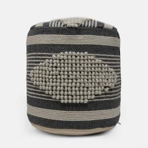 Beige and Dark Grey Handcrafted Fabric Cylindrical Pouf