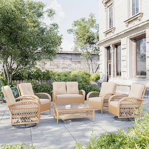6-Peiece Wicker Patio Conversation Set with Swivel Rocking Chairs, Coffee Table and Beige Cushions