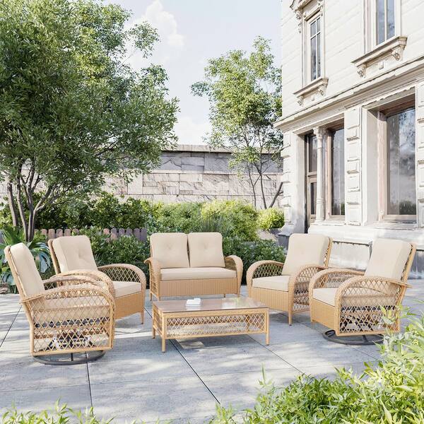 UPHA 6-Peiece Wicker Patio Conversation Set with Swivel Rocking Chairs, Coffee Table and Beige Cushions