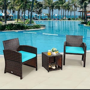 3-Piece Wicker Patio Conversation Set with Soft Turquoise Cushion and Coffee Table for Backyard Poolside Garden