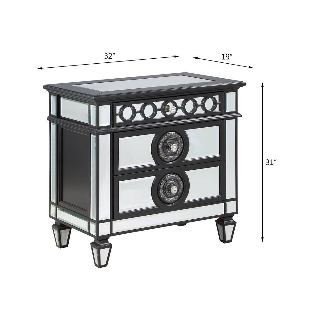 Elegant Black and Silver 3-Drawer Nightstand with Crystal Knobs