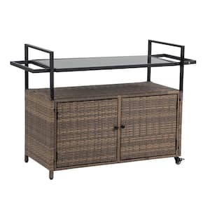 Wicker Patio Outdoor Wine Serving Bar with Glass Top and 2 Wheels for Porch, Backyard, Garden, Poolside, Party in Brown