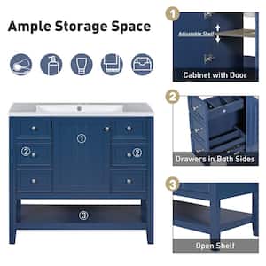36 in. W x 18 in. D x 34.5 in. H Bathroom Vanity in Blue Solid Frame Bathroom Cabinet with Ceramic Basin Top and Drawer