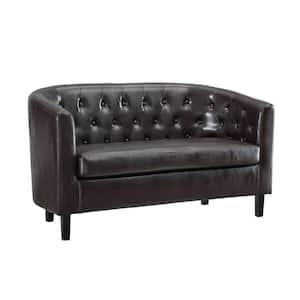 49 in. Midcentury Modern Espresso Button Tufted Faux Leather 2-Seat Barrel Loveseat