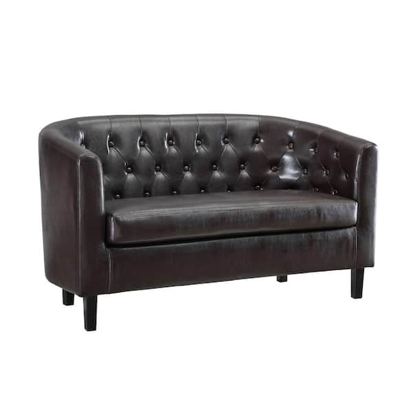 MAYKOOSH 49 in. Midcentury Modern Espresso Button Tufted Faux Leather 2-Seat Barrel Loveseat