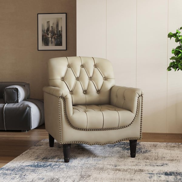 Uixe Mid-Century Beige Faux Leather Button Tufted Accent Arm