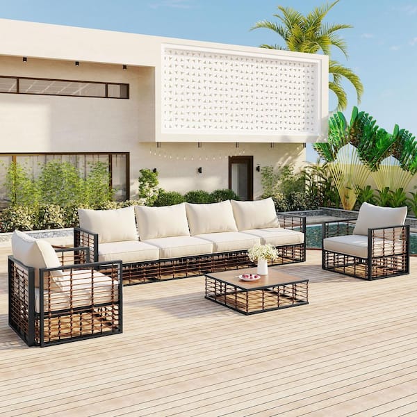 7-Piece Metal Outdoor Sectional Sofa Set with White Thick Cushions and Coffee Table for Outdoor