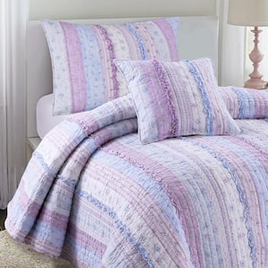 Lavender Orchid Ruffle 4-Piece Purple Floral Stripe Cotton King Bedding Set with Decor Pillow Bedding Quilt Set