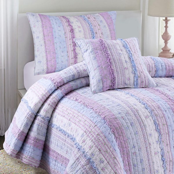 Cozy Line Home Fashions Lavender Orchid Ruffle 4-Piece Purple Floral Stripe Cotton King Bedding Set with Decor Pillow Bedding Quilt Set