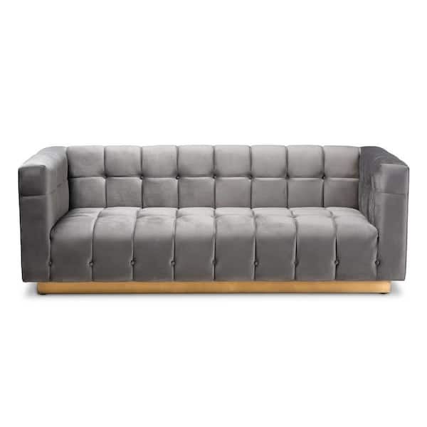 Baxton Studio Loreto 83.5 in. Gray/Gold Fabric 3-Seater Tuxedo Sofa with Square Arms