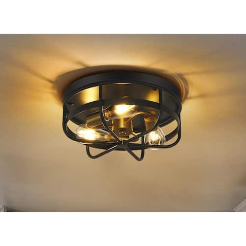 13.8 in. 3-Light Matte Black Flush Mount with Metal Shade and No Bulbs Included Home