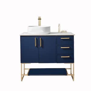 36 in. W x 20 in. D x 32 in. H Freestanding Bathroom Vanity in Blue with Vessel Ceramic Single Sink and White Marble Top