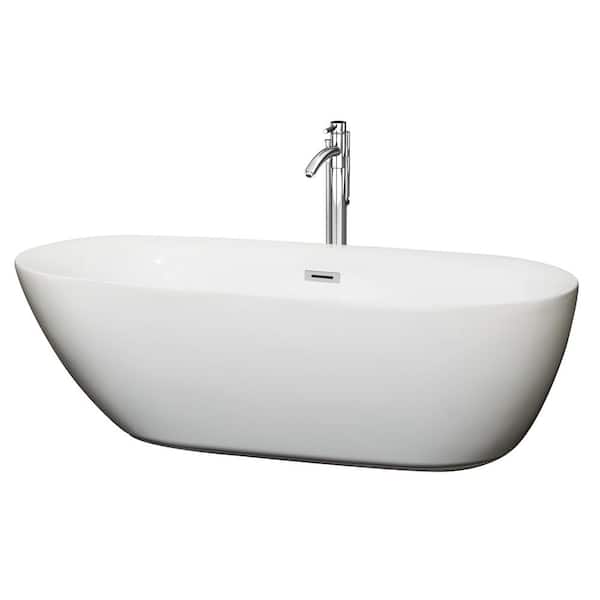 Wyndham Collection Melissa 70.75 in. Acrylic Flatbottom Center Drain Soaking Tub in White with Floor Mounted Faucet in Chrome