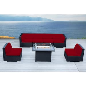 Ohana Black 7 -Piece Wicker Patio Fire Pit Seating Set with Supercrylic Red Cushions