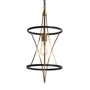Modern 60-Watt 1-Light Matte Black and Brass Drum Pendant Light with Geometric Cage Shade and No Bulb Included