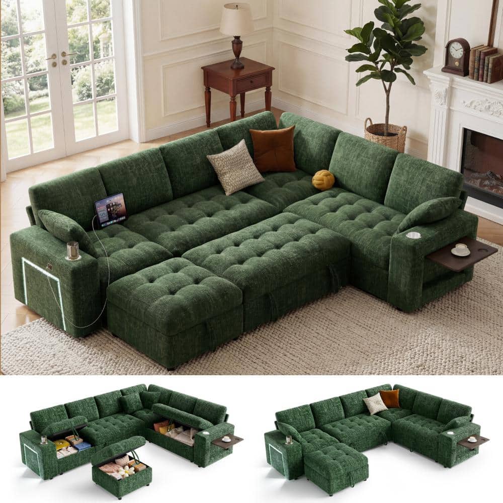 111" U Shaped Modular Sectional Sleeper Sofa with Pull Out Bed,7 Seat Green Chenille Couch with 2 Pull-Out Beds