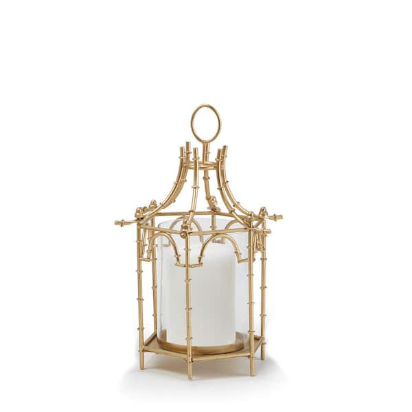 Two's Company Brighton Small Glass with Gold Iron Trim Pagoda Lantern