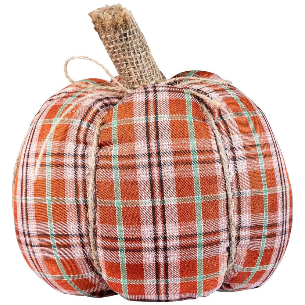 Northlight Plush Ribbed Plaid Fall Harvest Pumpkin - 8 in. - Orange and Green