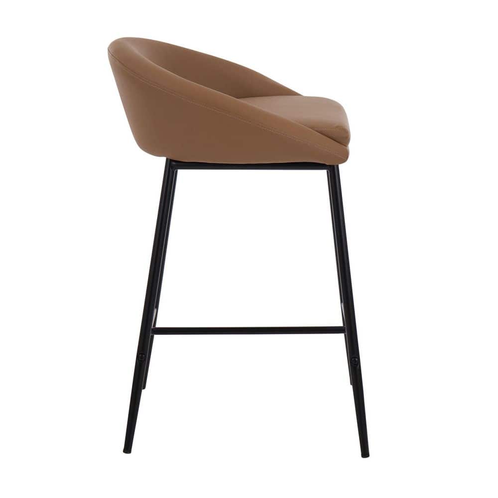 Camel Faux Leather Counter Stools with Black Metal Frame, Set of 2